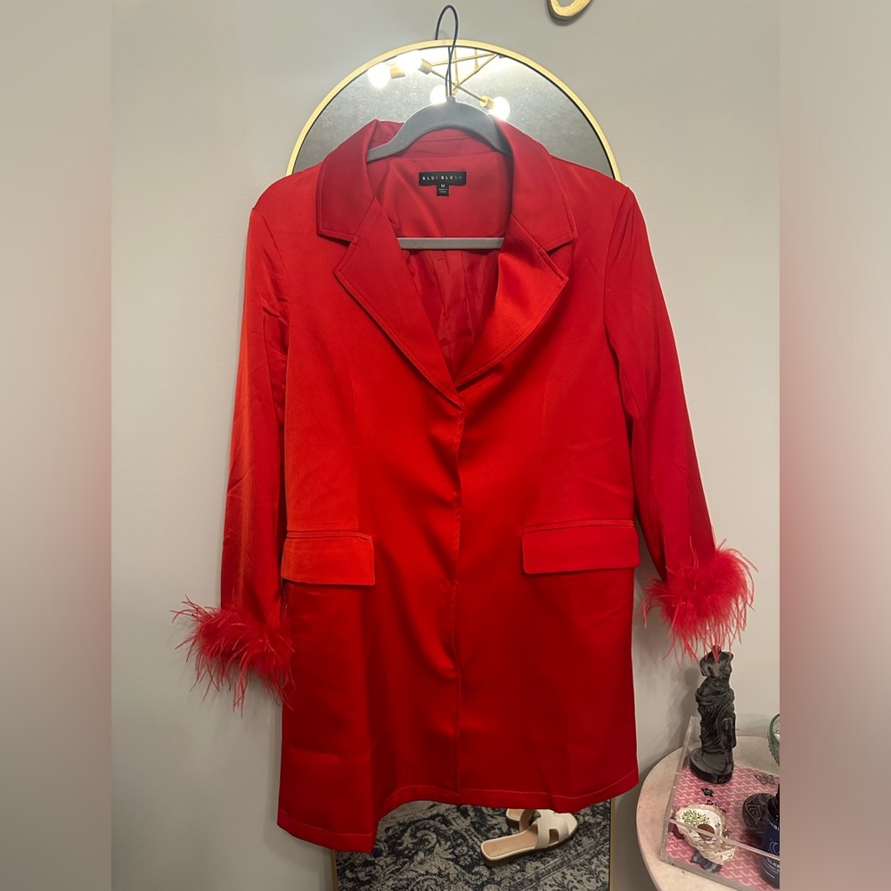Red Blazer Dress with Feather Cuffs